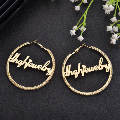Stainless Steel Hoop Earrings Rhinestone Letter Design Hollow Round Geometric Retro Fashion Jewelry For Women
