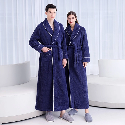 Peignoir Long En Polaire Épaisse Chemise De Nuit Douce Chaude Velours Corail Unisexe Couples Robe De Chambre Hiver