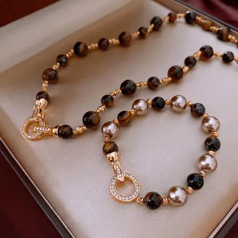 Vintage Tiger Eye Stone Faux Artificial Pearl Beaded Necklace And Bracelet Gold Plated Copper Round Buckle Zircon Luxury Jewelry For Women