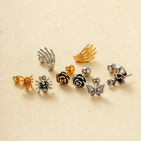 Gothic Skull Snake Rose Stud Earrings Stainless Steel Copper Cartilage Piercing Jewelry Vintage Punk For Men Women