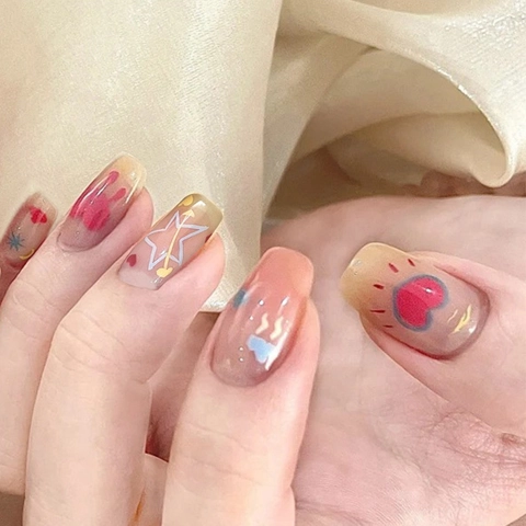 Press On Nails Hand Painted Style Heart Star Cloud Pattern Gradient Pink Brown Square Oval Shape Manicure Tips Women