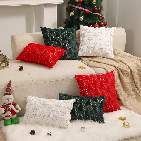 Kerstboom Geborduurde Pluche Kussensloop Zachte Fluwelen Kussenhoes Voor Sofa Woonkamer Vakantie Decoratie