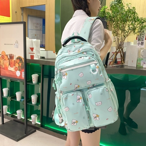 Kids Backpack For Girls Nylon Waterproof Schoolbag Large Capacity Cute Bear Print Japanese Style Student Casual Bag
