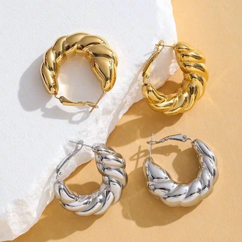 Chunky Twisted Hoop Earrings 18K Gold Plated Stainless Steel Croissant Style Fashion Jewelry For Women