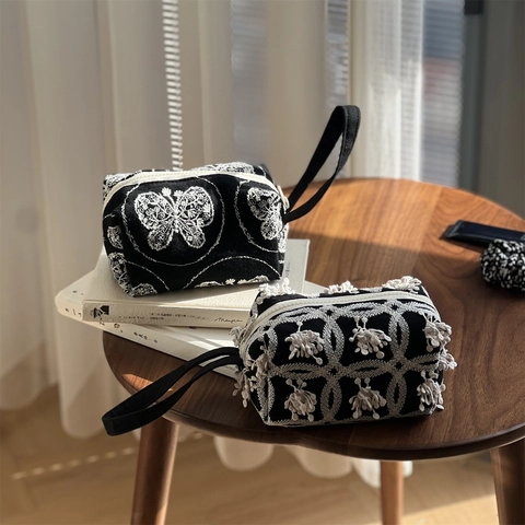 Vintage Canvas Borduurwerk Cosmetische Tas Handtas Vlinder Bloemenpatroon Kwastje Rits Opbergtas Dames