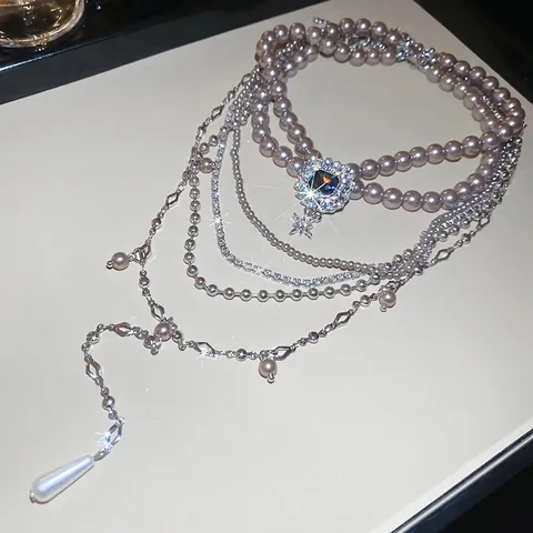 Collar Multicapa Aleación Perla Artificial Imitación Diamante De Imitación Colgante Gema Cuadrada Gota De Agua Vintage Elegante Mujeres