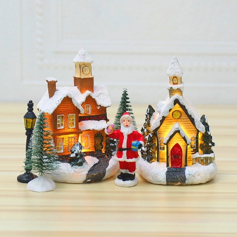 LED Glowing Christmas Village Miniature Houses Resin Snow Scene Cottages For Holiday Home Desktop Table Decoration Gift