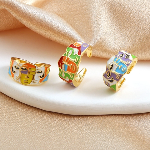 Abstract Human Face Open Ring Gold Plated Copper Colorful Enamel Artistic Adjustable Jewelry Trendy Hip Hop Style