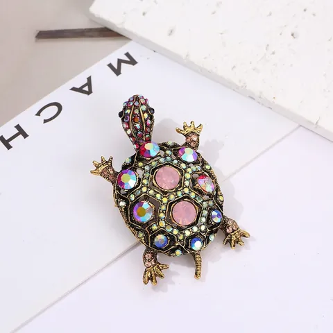 Vintage Schildpad Broche Speld Legering Met Strass En Kleurrijke Synthetische Edelstenen Holle Dieren Sieraden Dames