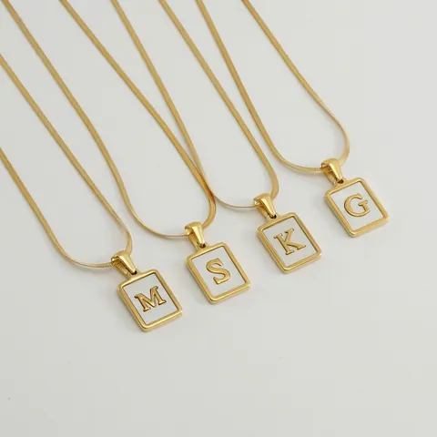 Stainless Steel Necklace 18K Gold Plated Rectangular Mother Of Artificial Pearl Initial Letter Pendant Elegant Jewelry For Women