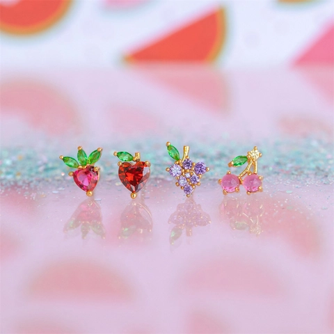 Boucles Oreilles Clous Zircon Colorés Avec Tige En Acier Inoxydable Bijoux De Piercing Fruit Fraise Raisin Pour Femmes