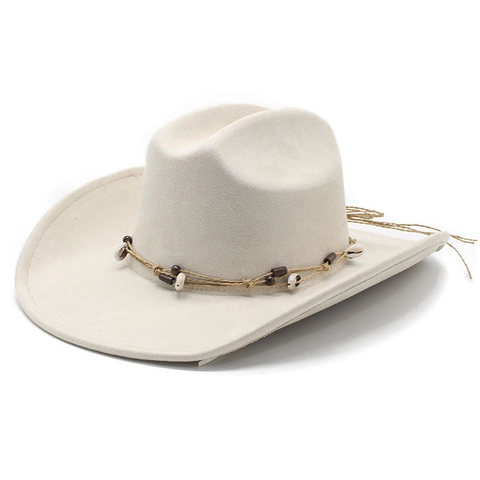 Western Cowboy Hat Retro Suede Fabric Wide Brim Sun Protection Ethnic Style Shell Wooden Beads Decor For Men Women