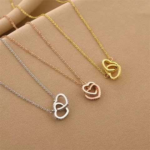 Collar Con Colgante De Doble Corazón Entrelazado De Acero Inoxidable Con Circones Joyería Elegante Para Mujer