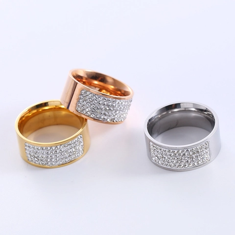 Anillo De Banda Ancha Con Cinco Filas De Diamantes De Imitación Acero Inoxidable 316L Pavé De Circonita Joyería Para Mujer