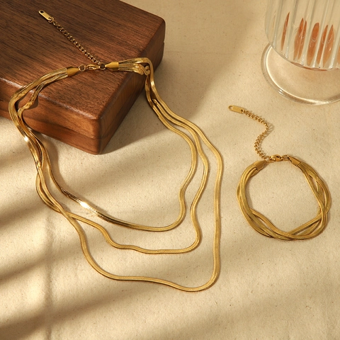 Layered Snake Bone Chain Necklace And Bracelet Jewelry 18K Gold Plated Stainless Steel Minimalist Fashion For Women