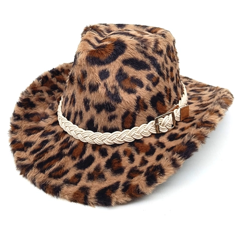 Cappello Da Cowboy Occidentale Con Stampa Leopardata Pelliccia Sintetica Caldo Tesa Larga Fedora Jazz Con Corda Intrecciata Per Donna Uomo