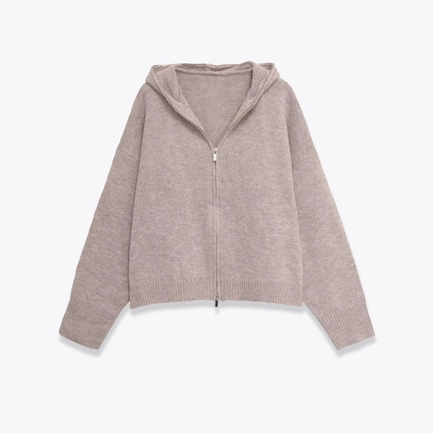 Women Hooded Knit Jacket Zip Up Cardigan Long Sleeve Polyester Casual Loose Solid Outerwear