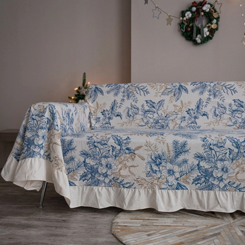 Manta para Sofá de Mezcla de Poliéster y Algodón Retro Americano Con Borde de Volantes Estampado Navideño de Agujas de Pino Decoración Hogar