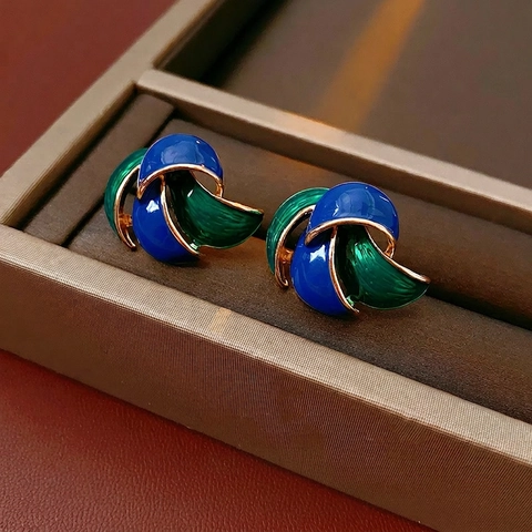 Orecchini In Smalto Vintage Retrò Francese Con Perno In Argento Blocco Di Colore Blu Verde Gioielli In Lega Donna