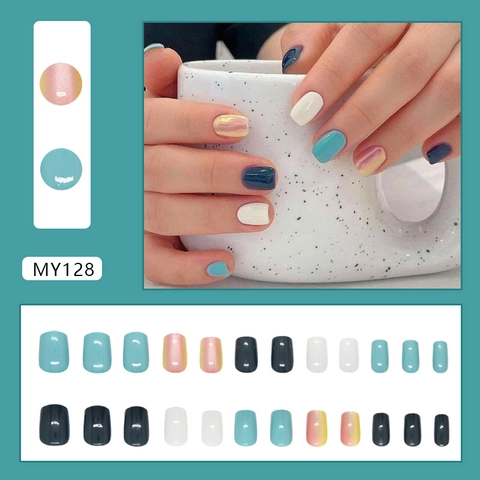Press On Nagels Kort Vierkant Glanzend Marmer Verloop Kleurrijke Kunstnagels Voor Dames ABS Kunststof Afneembaar