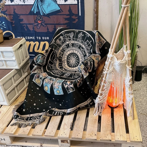 Coperta Intrecciata Tarocchi Zodiaco Cotone Nappa Bohemien Mistico Sole Luna Stella Copridivano Tappeto Picnic Arazzo