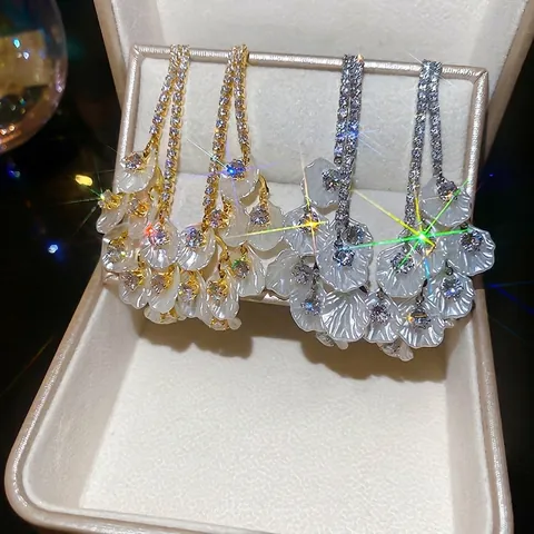 Elegante Blumenblüten Lange Quasten Ohrhänger Legierung Zirkon Mit 925 Sterling Silber Ohrstecker Für Damen Hochzeit