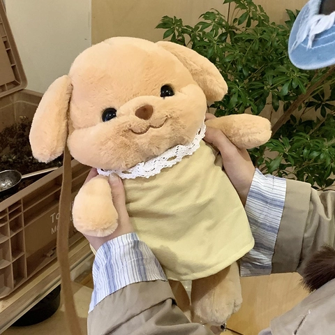Plush Dog Doll Backpack Cartoon Cute Animal Shape With Yellow Lace Dress Adjustable Straps For Kids Girls