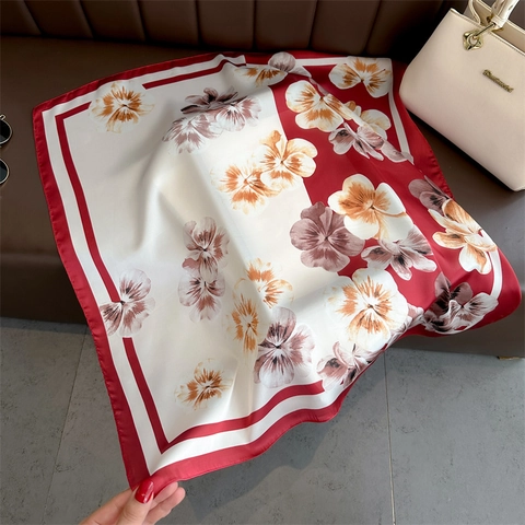 Women Floral Print Square Scarf Polyester Imitation Satin Sun Protection Versatile Decorative Neckerchief Head Scarf Camellia Pattern