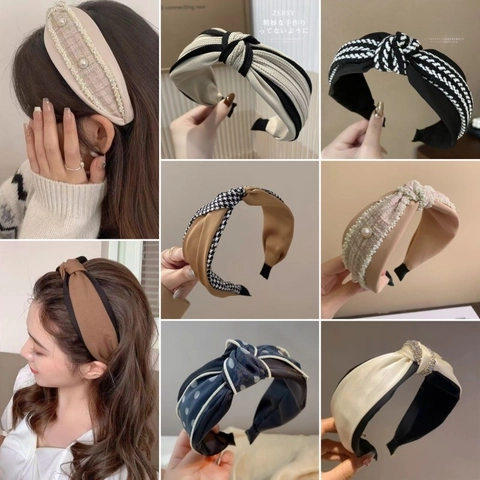 Wide Headbands For Women Knot Twist Hairbands With Faux Artificial Pearls Rhinestones Fabric Tweed Pleated Elegant Hair Accessories
