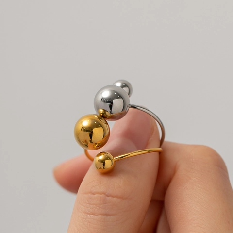 Stainless Steel Double Ball Open Ring 18K Gold Plated Minimalist Geometric Adjustable Fashion Jewelry For Women