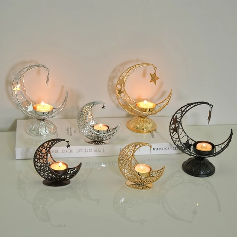 Crescent Moon Star Metal Candle Holder Hollow Out Incense Burner Ramadan Eid Decor Middle Eastern Desktop Ornament Gold