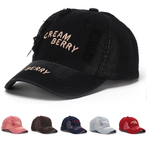 Casquette De Baseball En Coton Délavé Rétro Trou Cassé Broderie Lettre Ajustable Chapeau Streetwear Unisexe