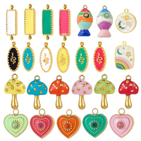 Ciondoli In Smalto Acciaio Inossidabile Cuore Fungo Serpente Stella Luna Forma DIY Gioielli Fare Charms Per Collane Orecchini