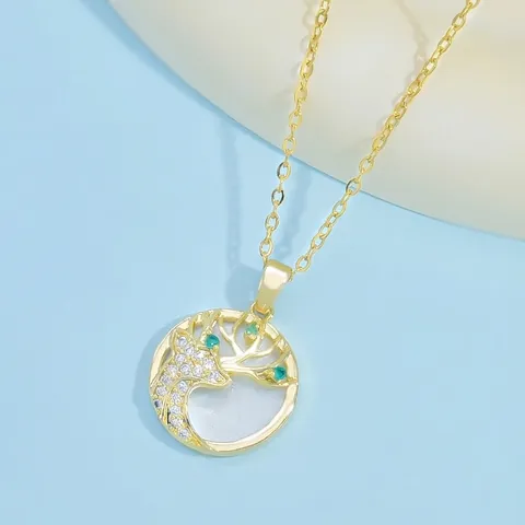 Neuer Chinesischer Stil Hirsch Geweih Künstlicher Opal Rund Anhänger Kupfer Halskette Für Damen Gold Strass Muschel Schmuck