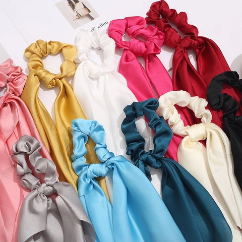Satin Scrunchies With Long Ribbons Solid Color Elastic Hair Ties Ponytail Holder Streamer Bow Accessories