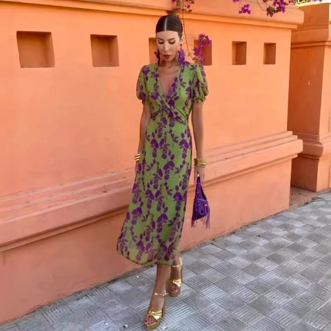 Women V Neck Short Puff Sleeve Floral Print Midi Dress Ruched Waist Sexy Summer Casual Fashion A-Line Style
