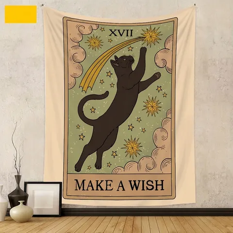 Tarot Kat Wandtapijt Mystiek Maan Zon Sterren Polyester Stof Boho Esthetische Kunst Voor Slaapkamer Woonkamer