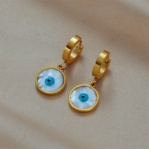 Evil Eye Hängeohrringe Rund Perlmutt Muschel Edelstahl Vergoldet Vintage Türkisches Auge Schmuck Für Damen