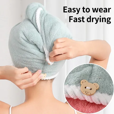 Hair Drying Cap Thickened Coral Fleece Super Absorbent Quick Dry Towel For Women With Bear Button Double Layer Head Wrap