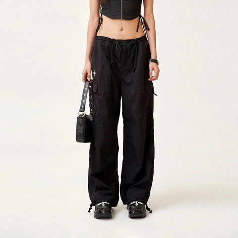 Pantalones Cargo De Nailon Para Mujer Cintura Alta Pernera Ancha Cordón Paracaidista Streetwear Bolsillos