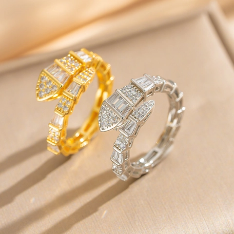 Slangenring Koper 18K Verguld Zirkonia Verstelbaar Open Ontwerp Fonkelende Dierlijke Sieraden Voor Dames