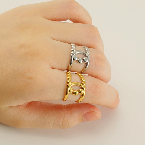 Anillo De Cuentas Caladas Minimalista Acero Inoxidable Chapado En Oro 18K Geométrico Ajustable Joyería De Dedo Mujer