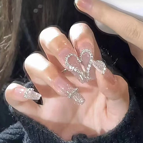 Unghie Finte Lunghe Forma Bara Balletto Sfumato Rosa Glitter Argento Strass A Forma Di Cuore Giunzione Stile Y2K Donne