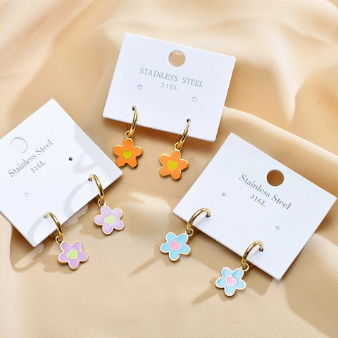 Bunte Blumen Creolen 316L Edelstahl Herz Emaille Tropfen Süß Frischer Stil Für Damen