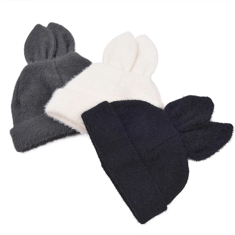 Rabbit Ear Beanie Hat Long Plush Knitted Winter Warm Solid Color Cute Cuff Cap For Women