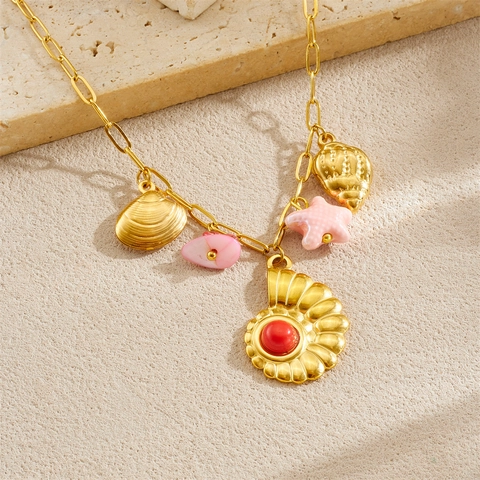 Collana Con Ciondolo Conchiglia Stella Marina Acciaio Inossidabile Placcato Oro Con Pietra Rossa Gioielli Spiaggia Estate Donna