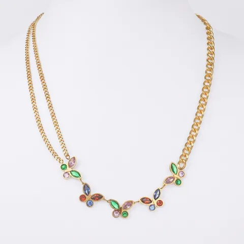 Collana a Farfalla in Acciaio Inossidabile Vintage Francese per Donna Gioielli con Catena a Maglia con Nappina in Strass Multicolore Oro