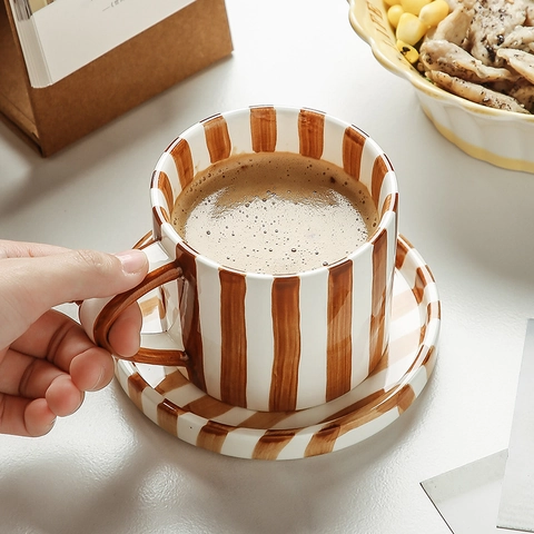 Hand Painted Striped Ceramic Coffee Mug Saucer Plate Japanese Vintage Style Home Office Afternoon Tea Drinkware High Temperature Fired