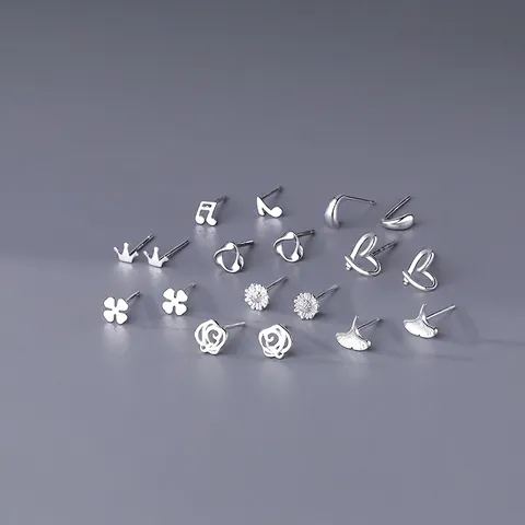 Minimalist S999 Fine Silver Stud Earrings For Women Tiny Clover Rose Heart Mobius Geometric Ear Piercing Commuter Jewelry Gift