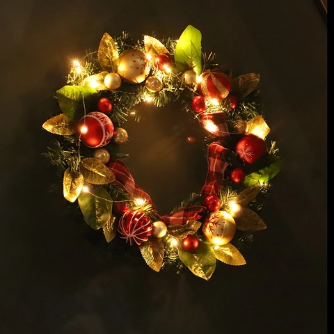 Ghirlanda Di Natale PVC Pino Artificiale Rosso Oro Palle Ornamenti Fiocco A Quadri Foglia Di Magnolia Decorazione Porta